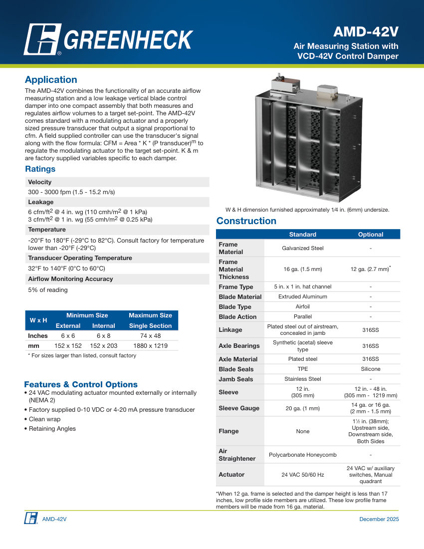 Greenheck amd-42v cut sheet — first page
