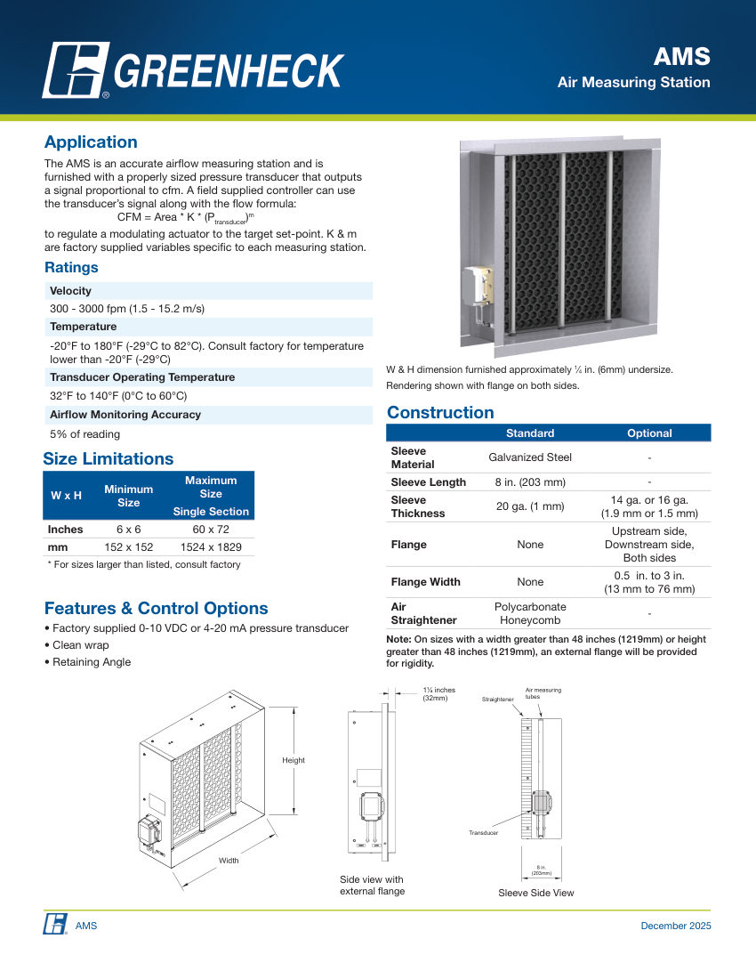 Greenheck ams air measuring station cut sheet — first page