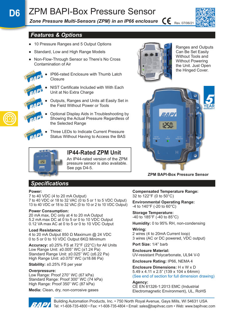 Greenheck bapi pressure touch sensor (zpt) cut sheet — first page