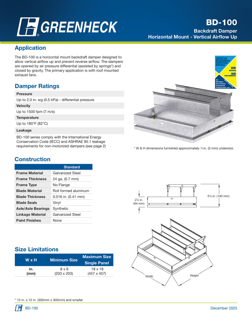 Greenheck bd-100 cut sheet — first page