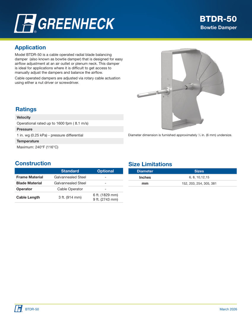 Greenheck btdr-50 cut sheet — first page