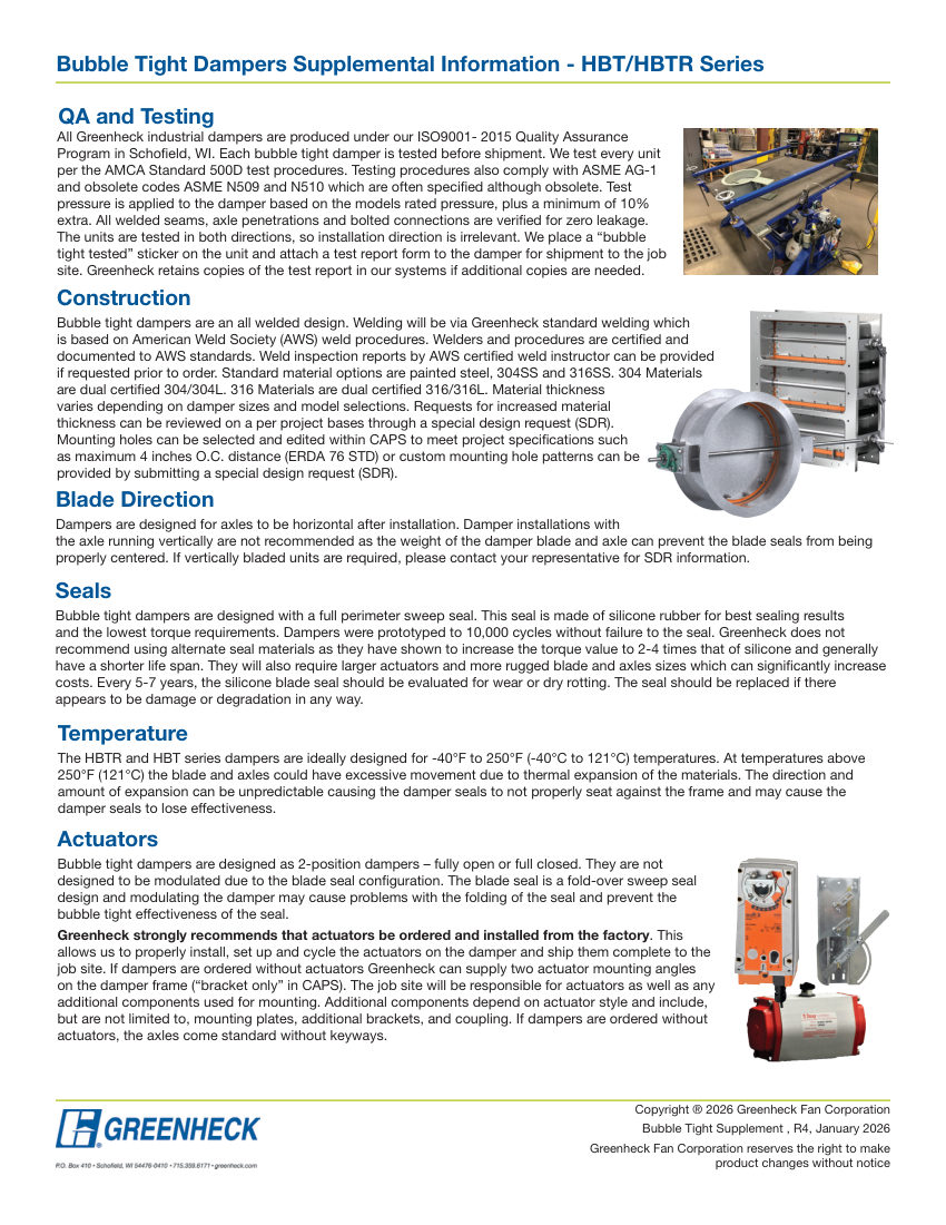 Greenheck bubble tight supplement - hbt/hbtr series cut sheet — first page