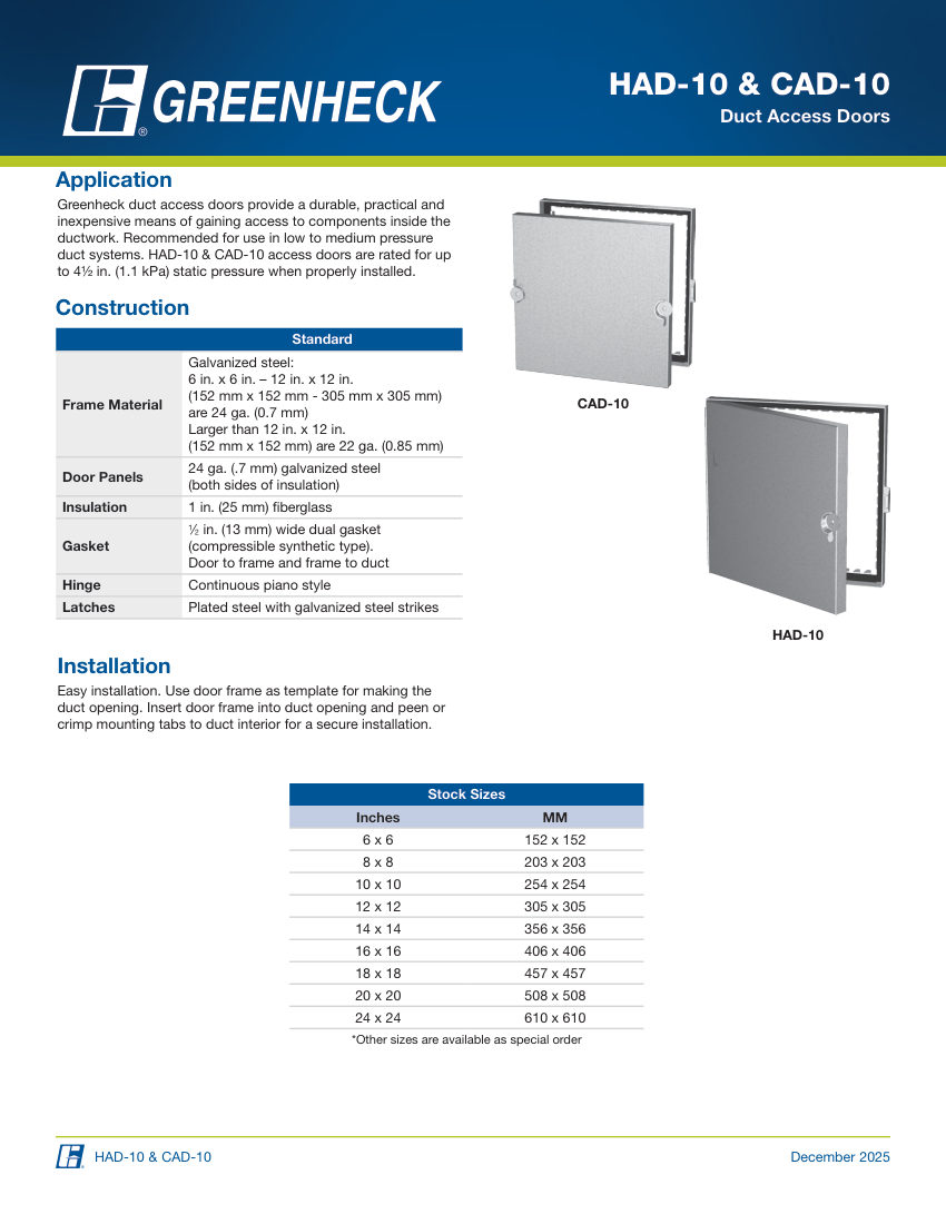 Greenheck cad-10 cut sheet — first page