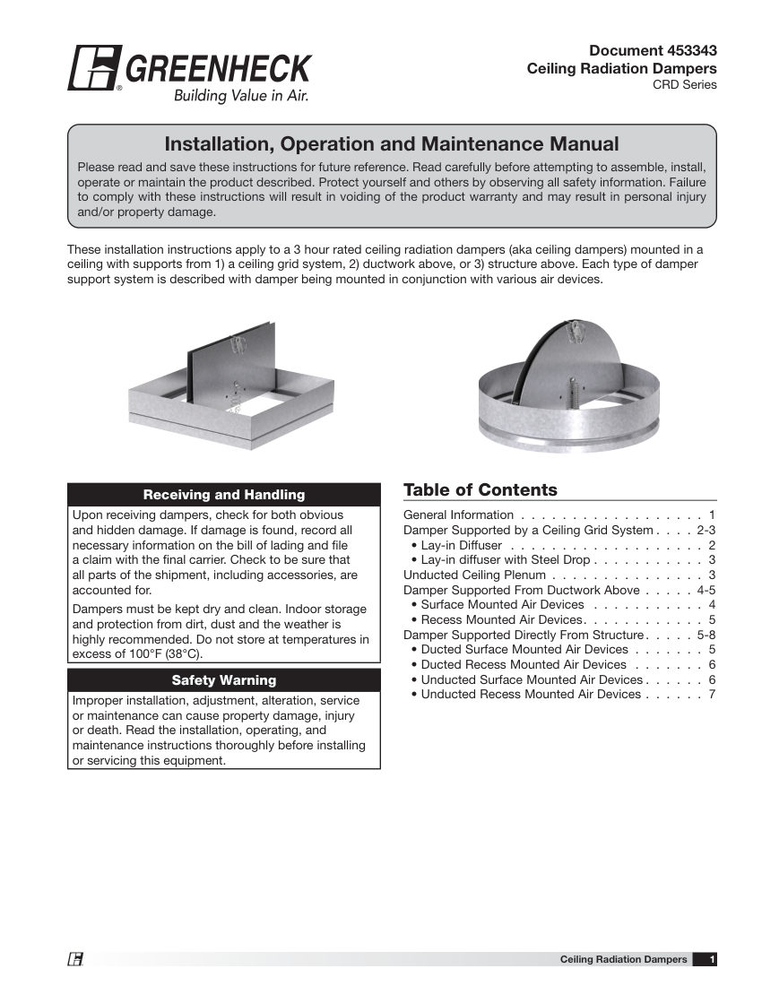 Greenheck CRD-1 cut sheet — first page