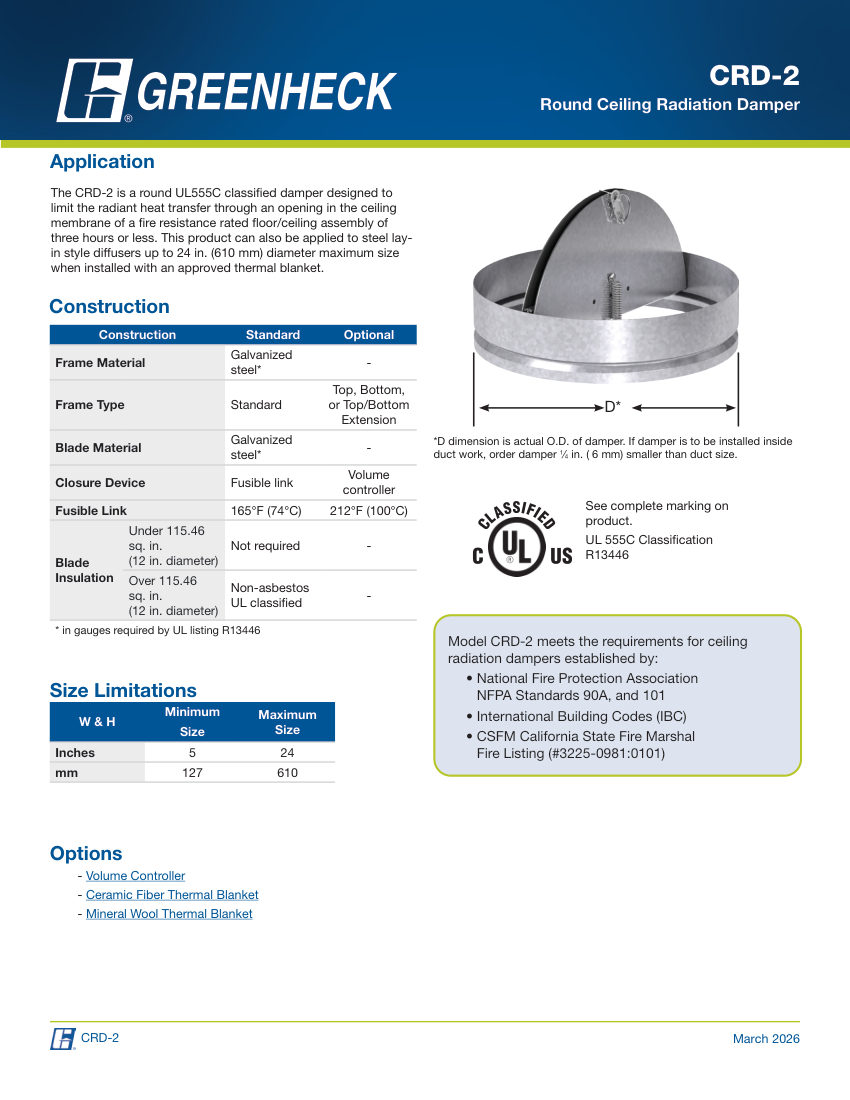 Greenheck crd-2 cut sheet — first page