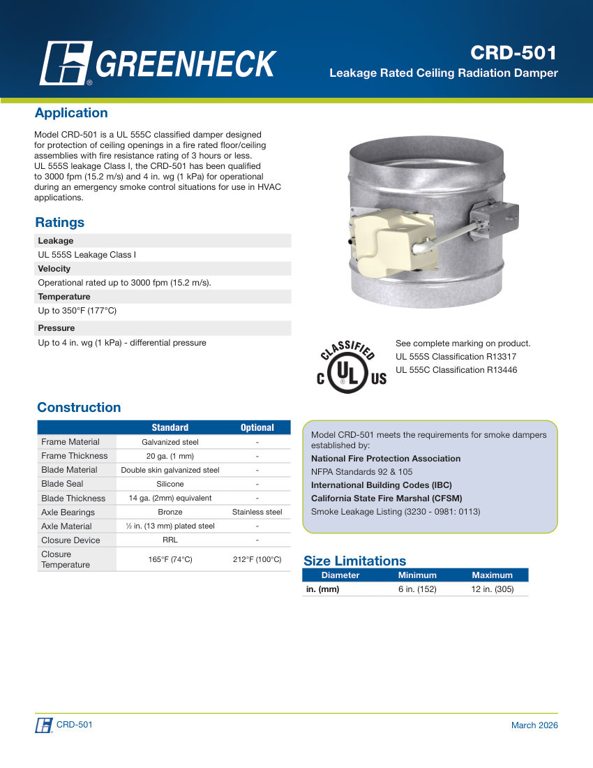 Greenheck crd-501 cut sheet — first page