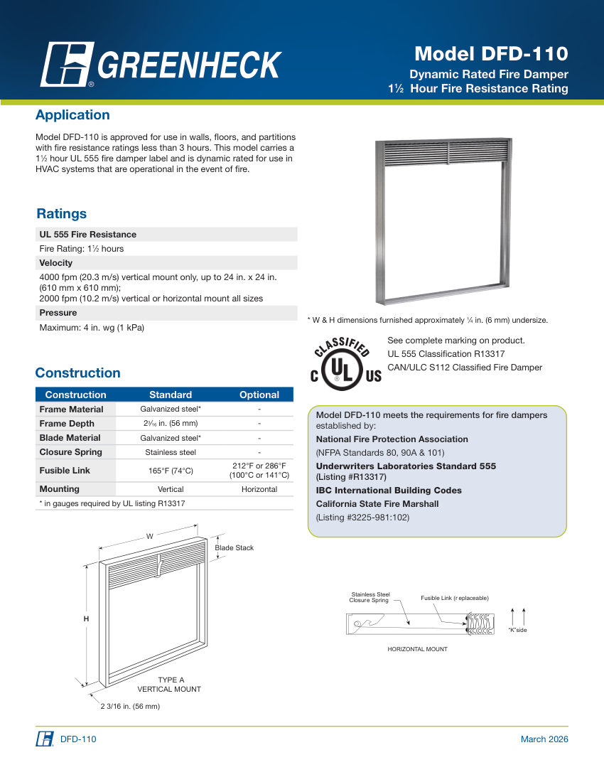 Greenheck dfd-110 cut sheet — first page