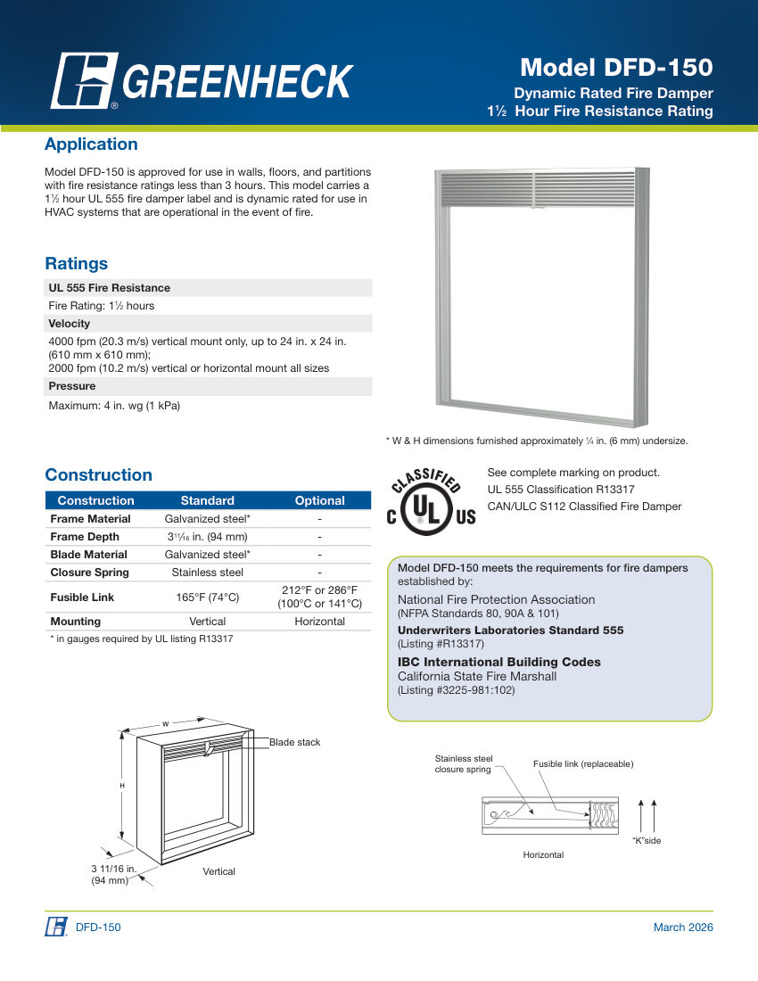 Greenheck dfd-150 cut sheet — first page