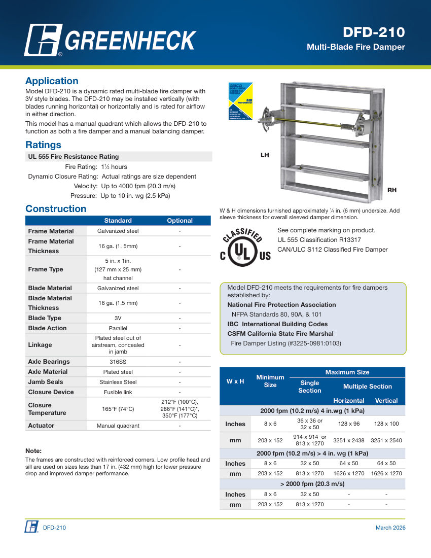 Greenheck dfd-210 cut sheet — first page