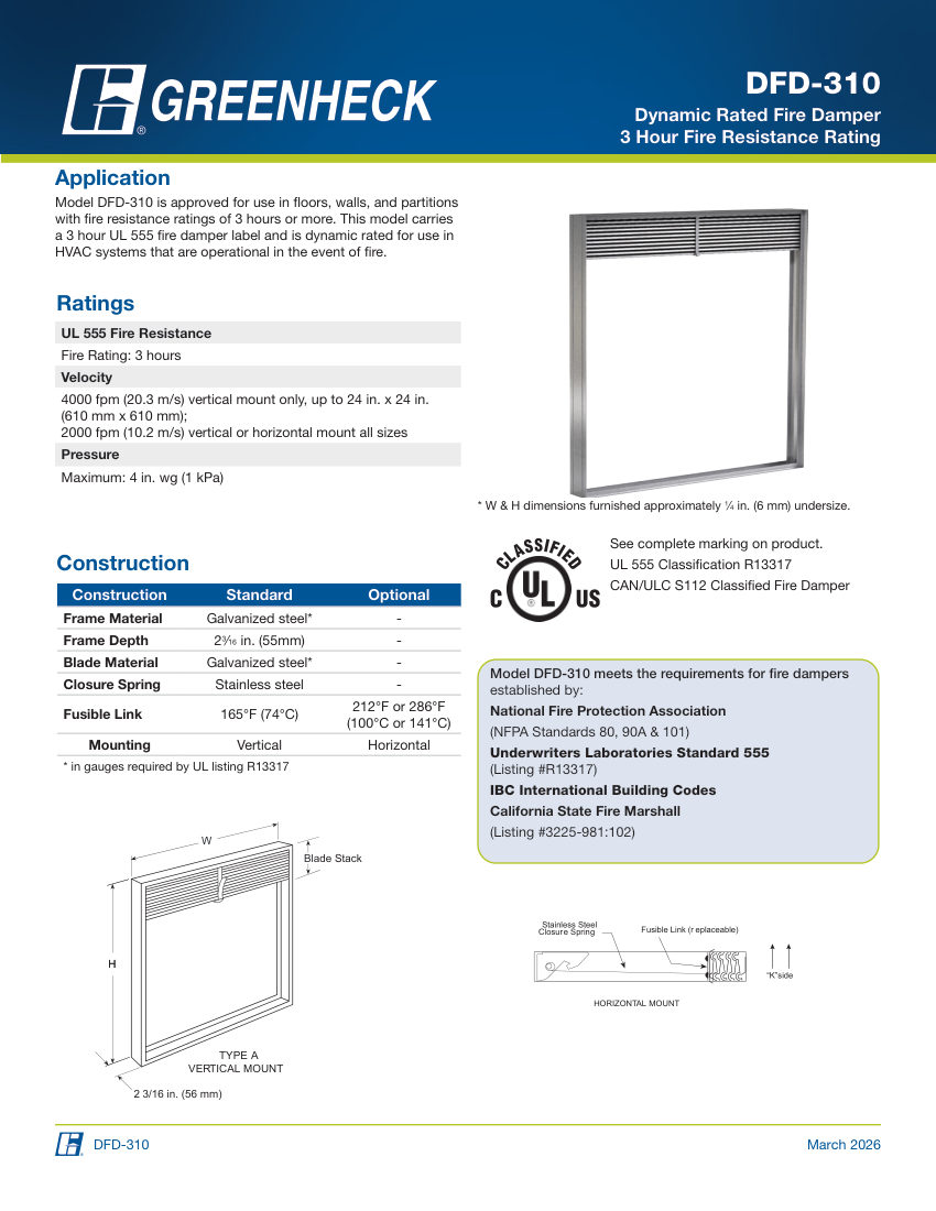 Greenheck dfd-310 cut sheet — first page