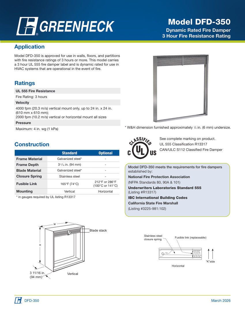 Greenheck dfd-350 cut sheet — first page
