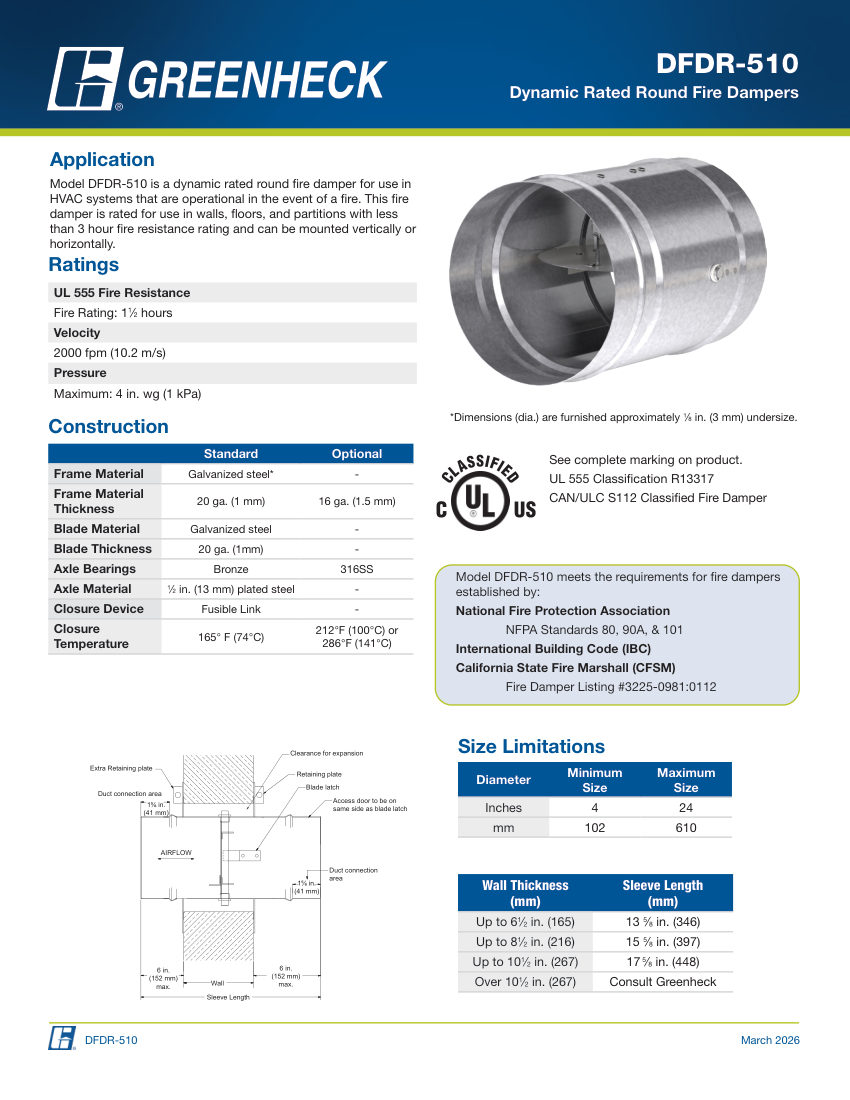 Greenheck dfdr-510 cut sheet — first page