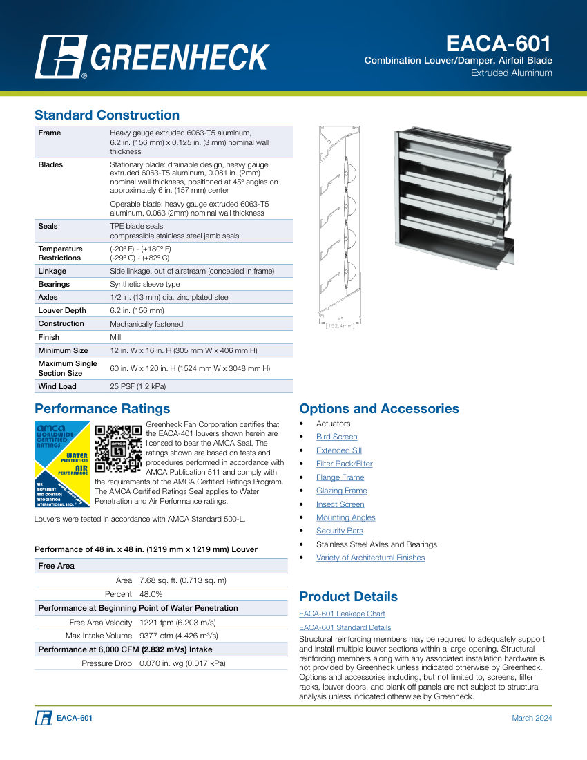Greenheck eaca-601 cut sheet — first page