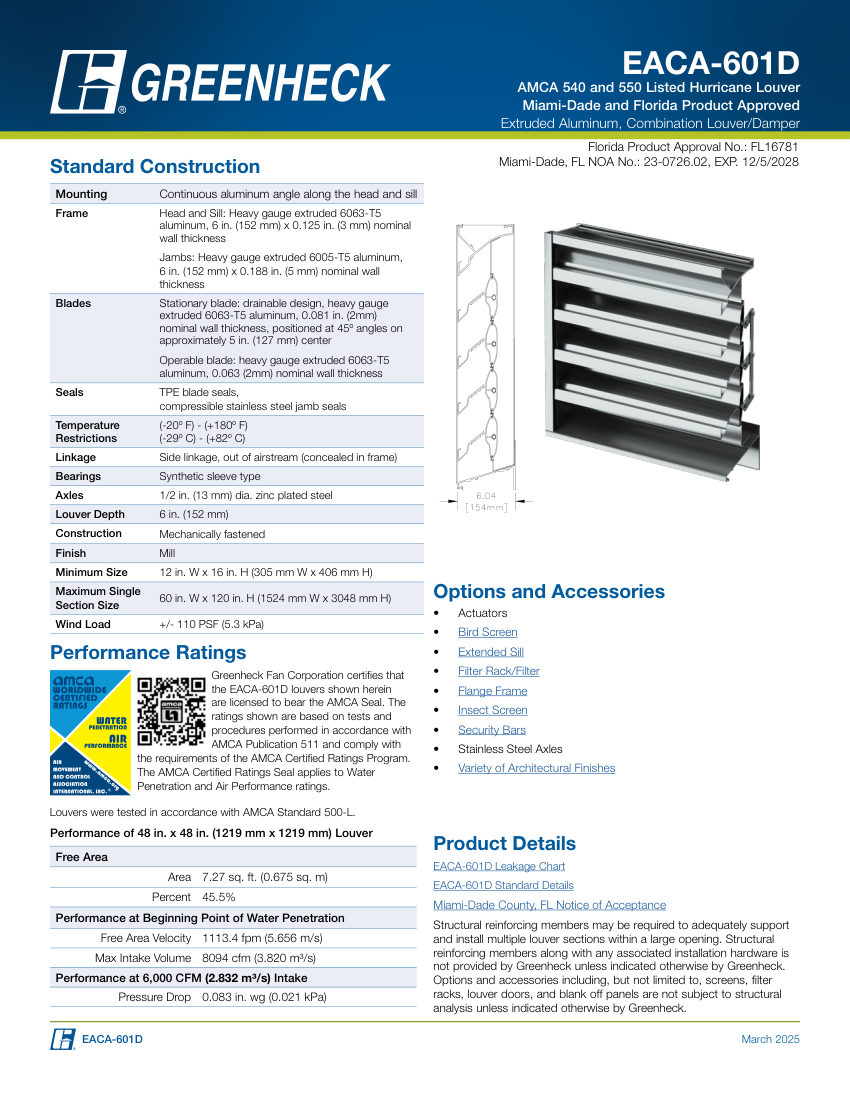 Greenheck eaca-601d cut sheet — first page