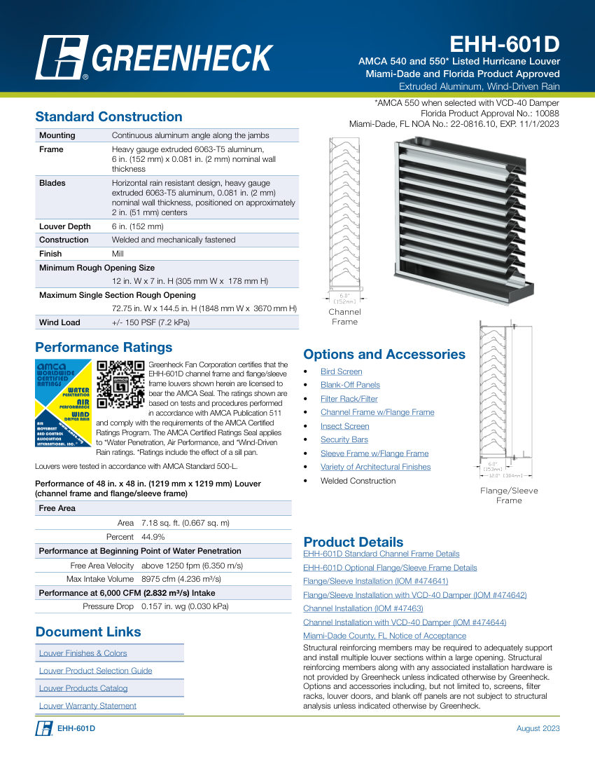 Greenheck ehh-601d cut sheet — first page