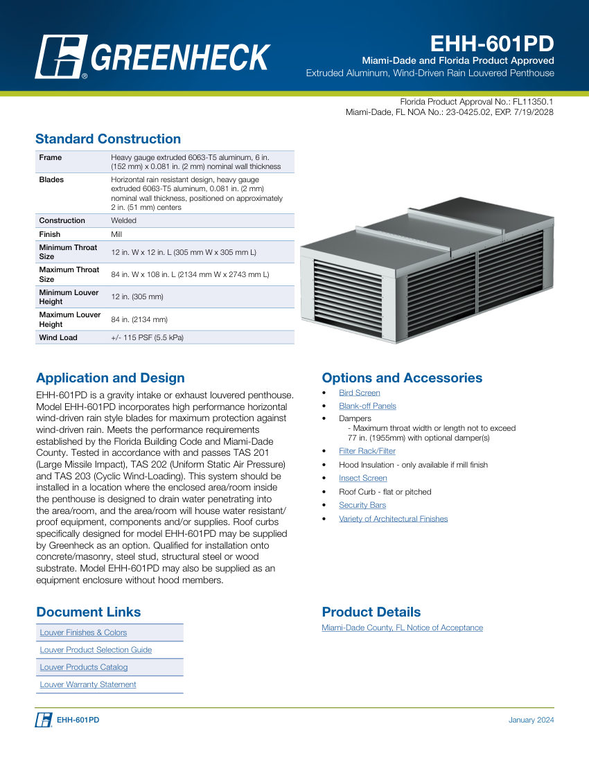 Greenheck ehh-601pd cut sheet — first page