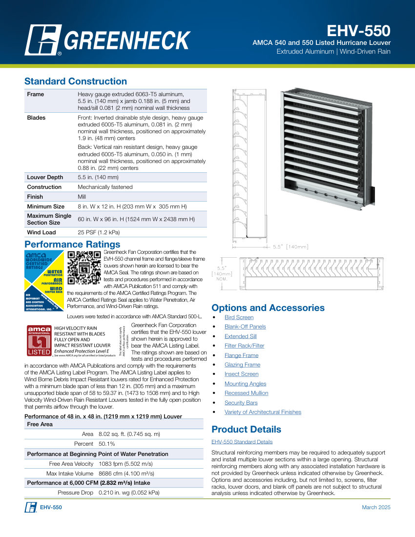 Greenheck ehv-550 cut sheet — first page