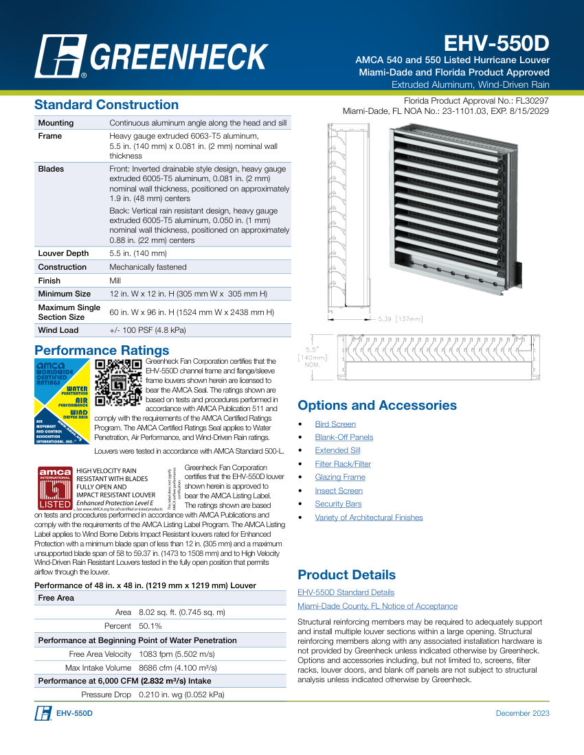 Greenheck ehv-550d cut sheet — first page