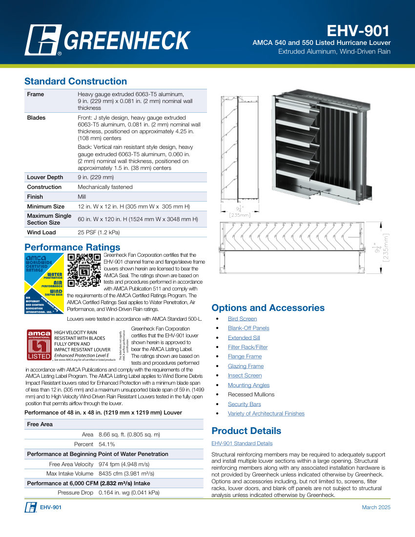 Greenheck ehv-901 cut sheet — first page