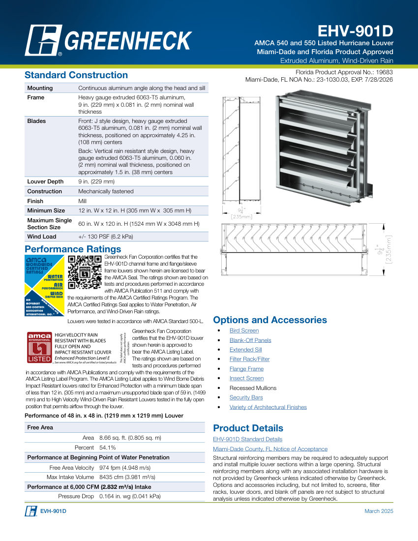 Greenheck ehv-901d cut sheet — first page
