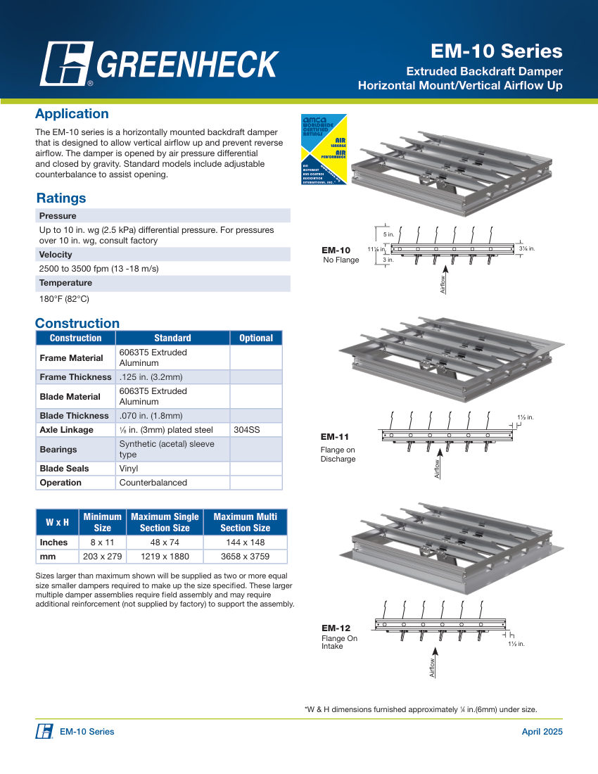 Greenheck em-10 cut sheet — first page