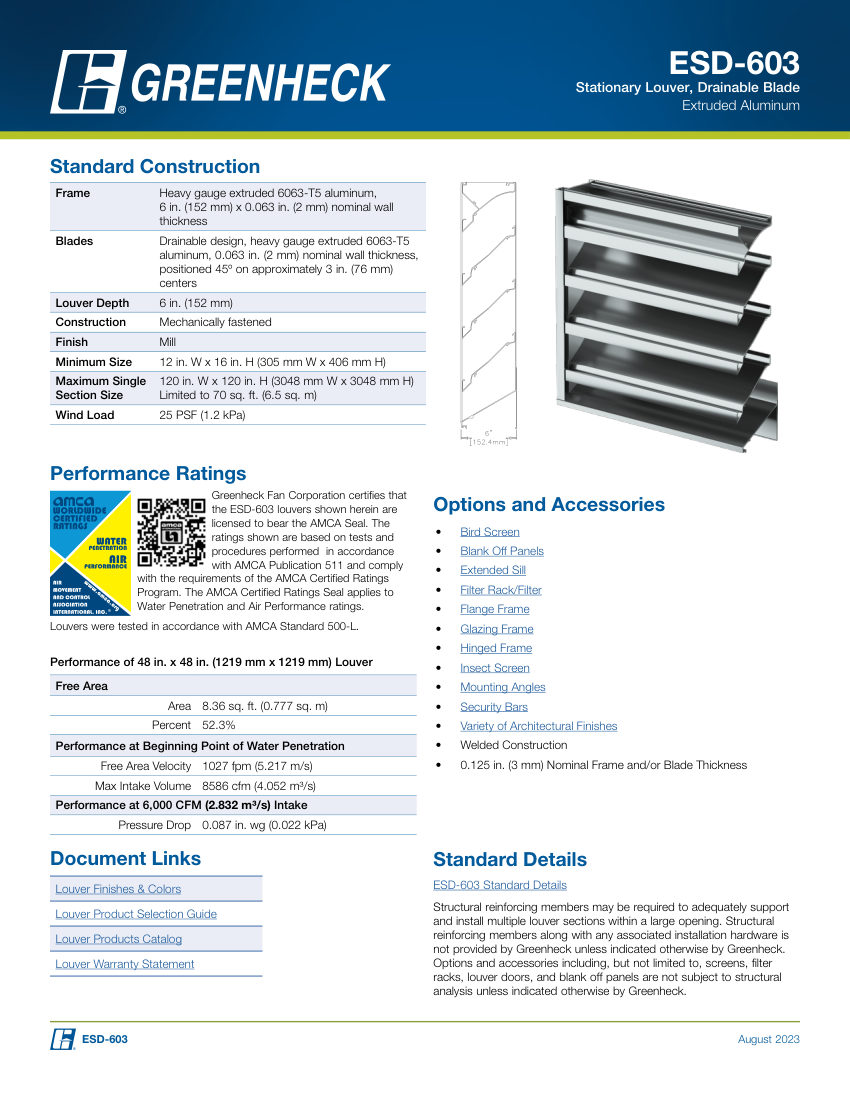 Greenheck esd-603 cut sheet — first page