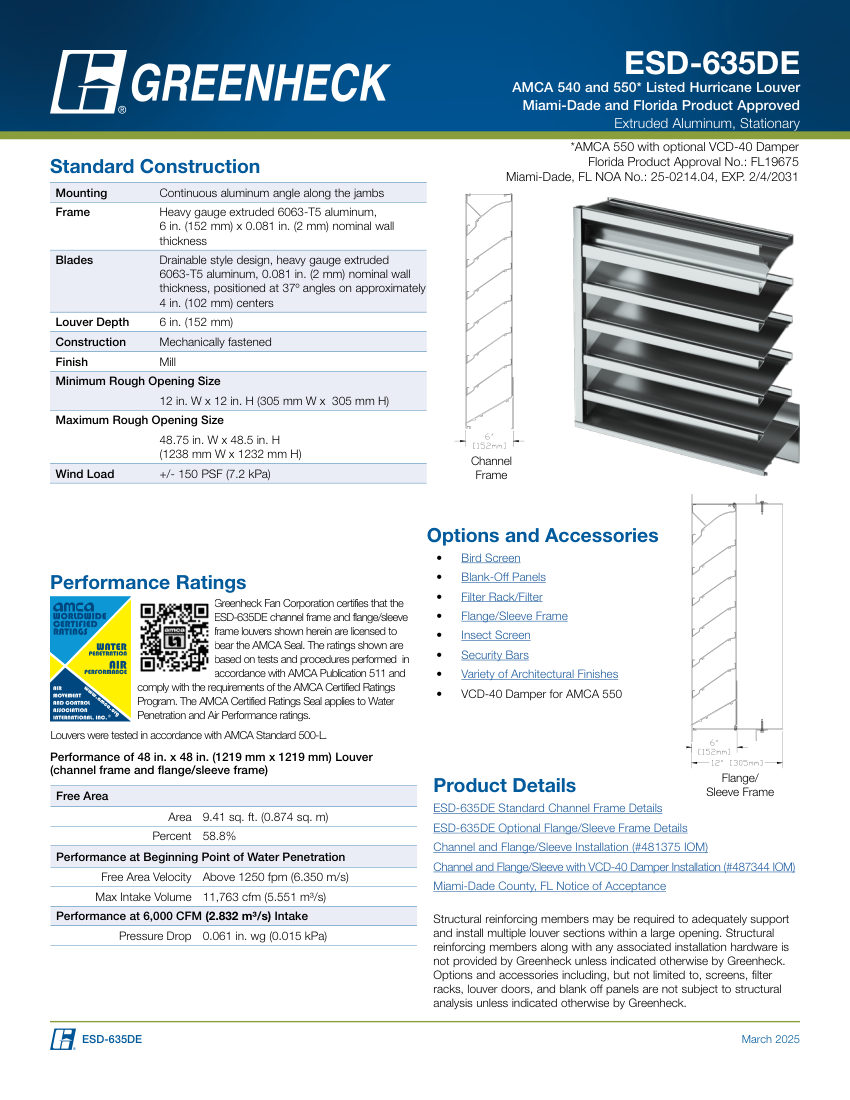 Greenheck esd-635de cut sheet — first page