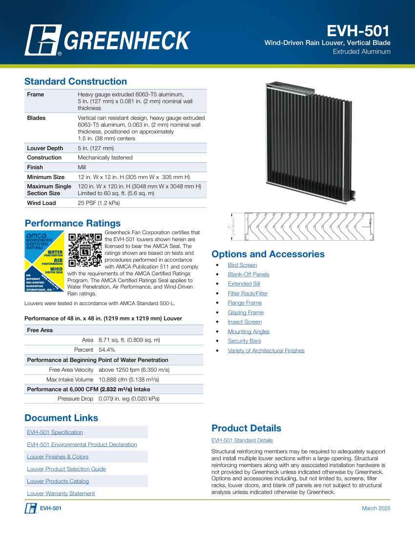 Greenheck evh-501 cut sheet — first page