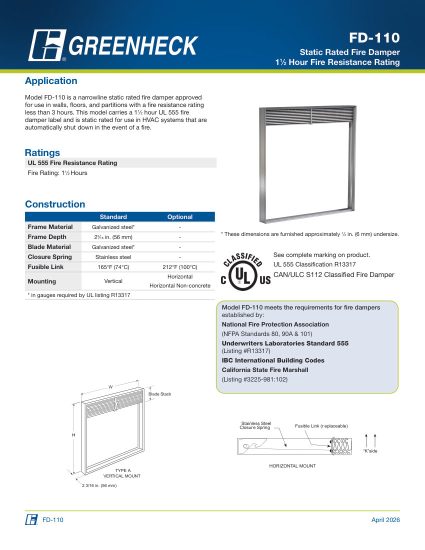 Greenheck fd-110 cut sheet — first page