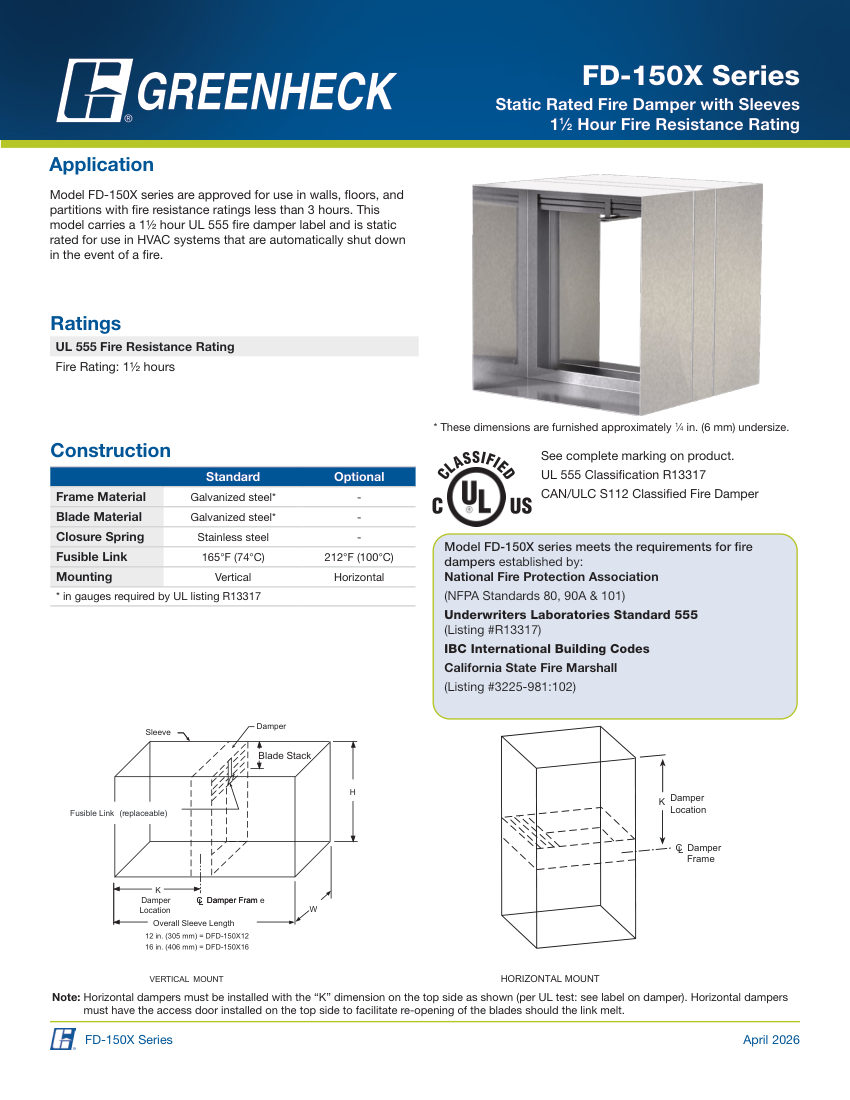 Greenheck fd-150x cut sheet — first page