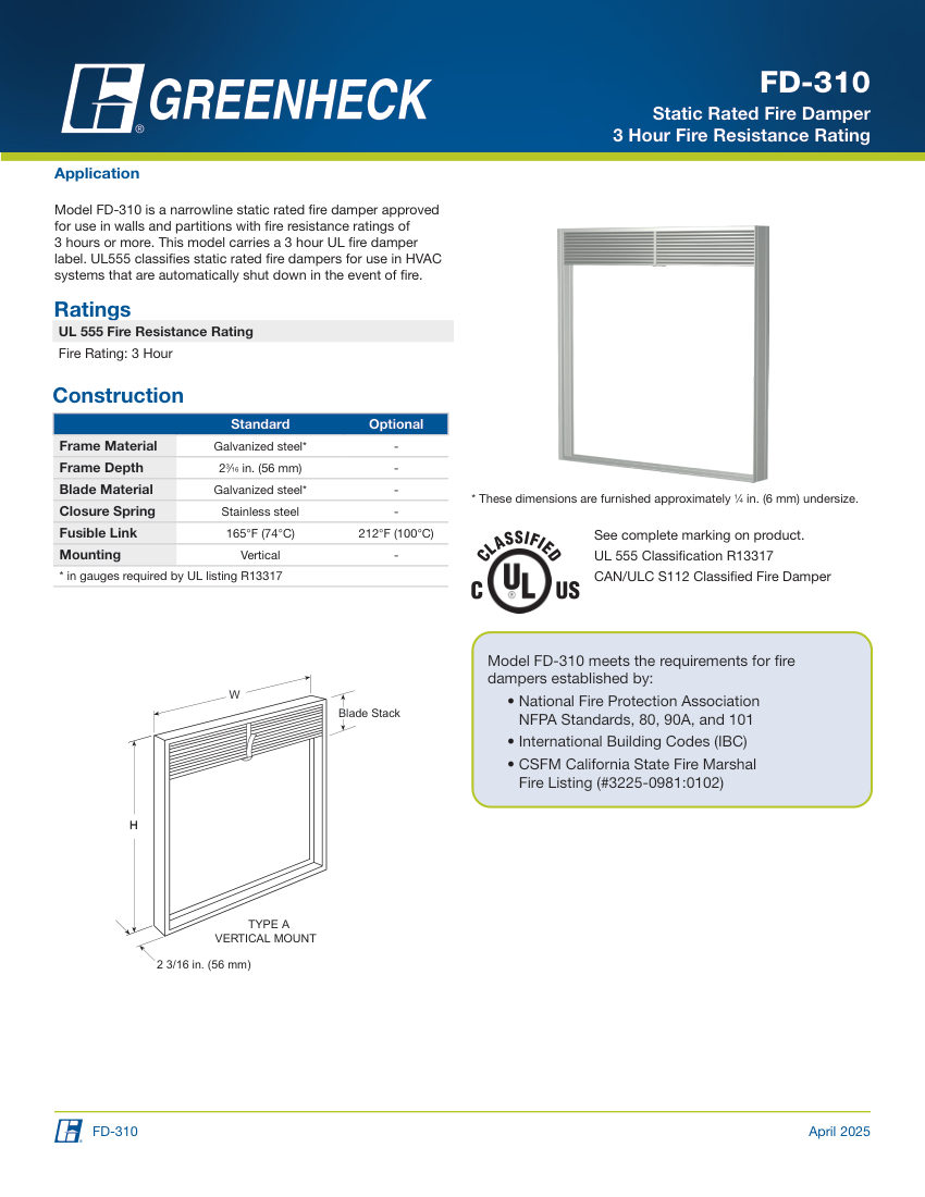 Greenheck fd-310 cut sheet — first page