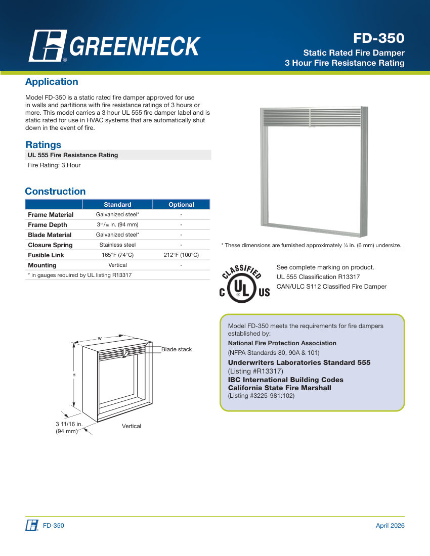 Greenheck fd-350 cut sheet — first page