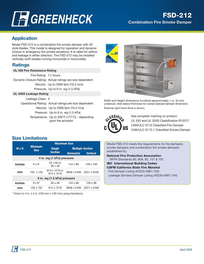 Greenheck fsd-212 cut sheet — first page