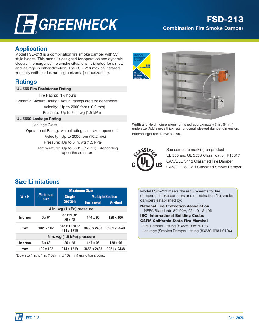 Greenheck fsd-213 cut sheet — first page