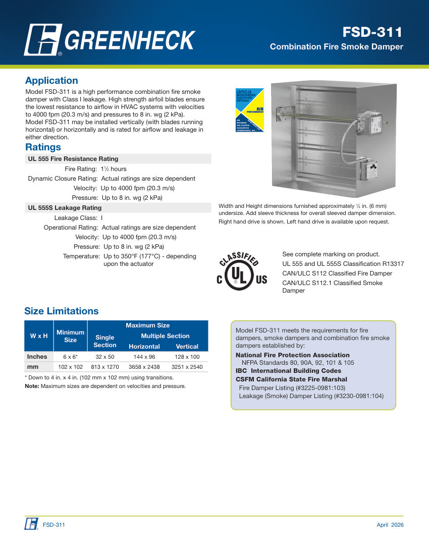 Greenheck fsd-311 cut sheet — first page