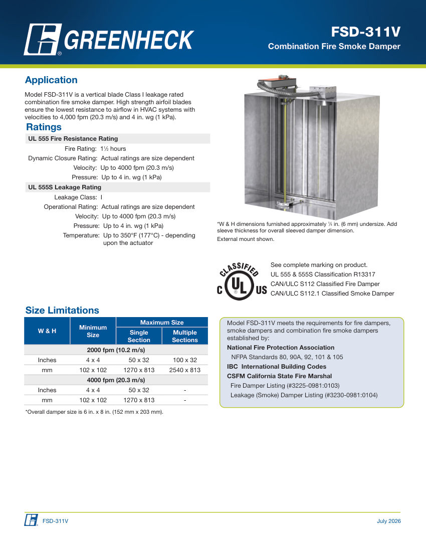 Greenheck fsd-311v cut sheet — first page