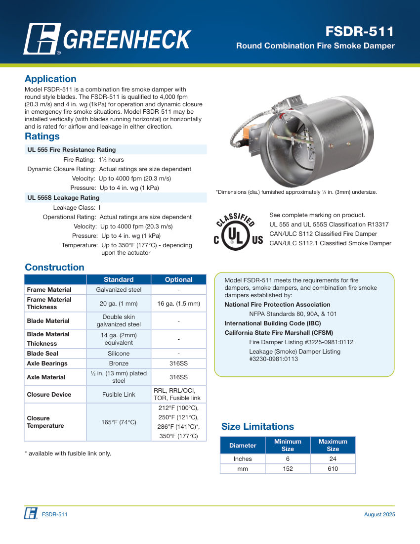 Greenheck fsdr-511 cut sheet — first page