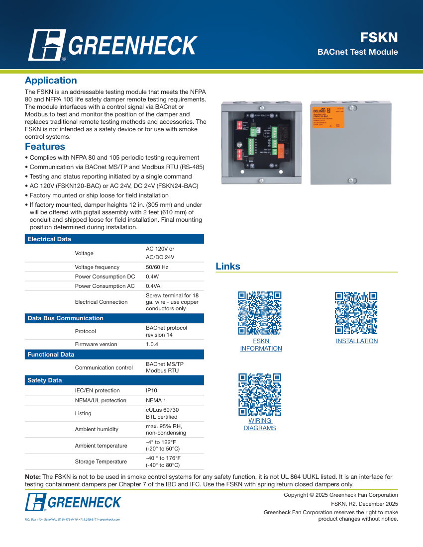 Greenheck FSKN120-BAC cut sheet — first page