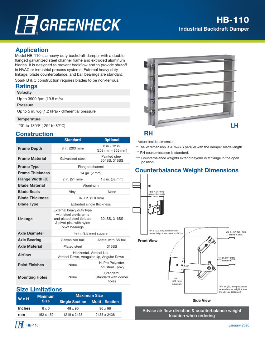 Greenheck hb-110 cut sheet — first page