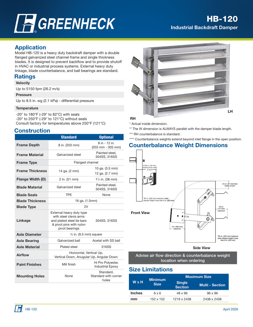 Greenheck hb-120 cut sheet — first page