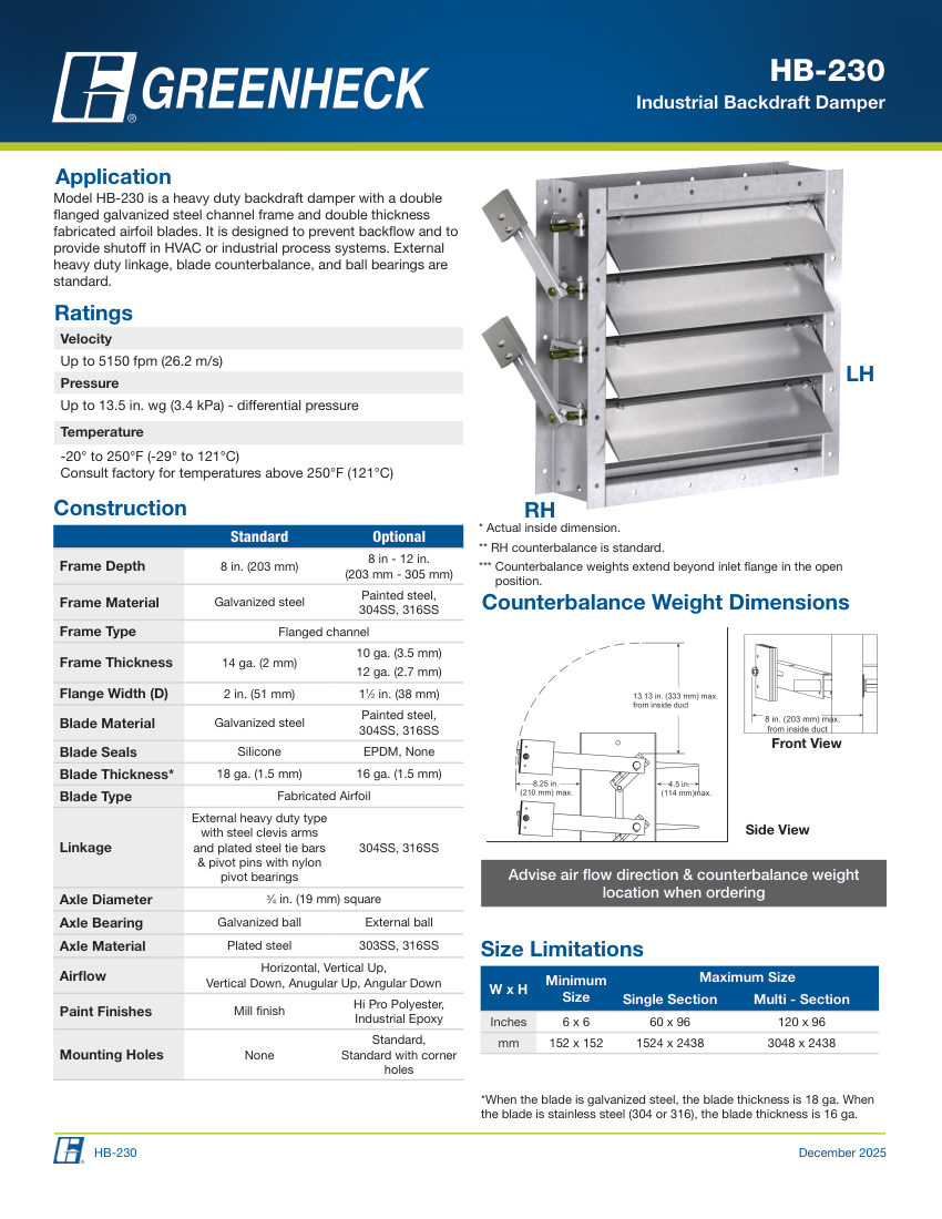 Greenheck hb-230 cut sheet — first page