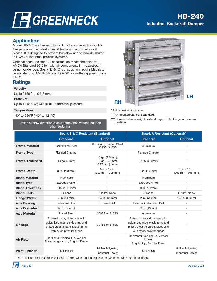 Greenheck hb-240 cut sheet — first page