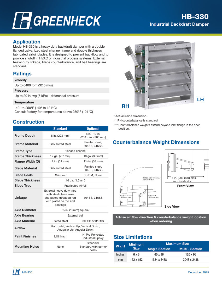 Greenheck hb-330 cut sheet — first page