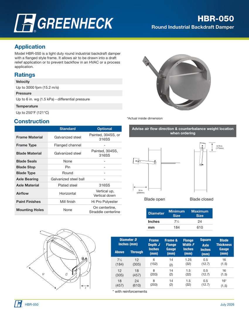 Greenheck hbr-050 cut sheet — first page