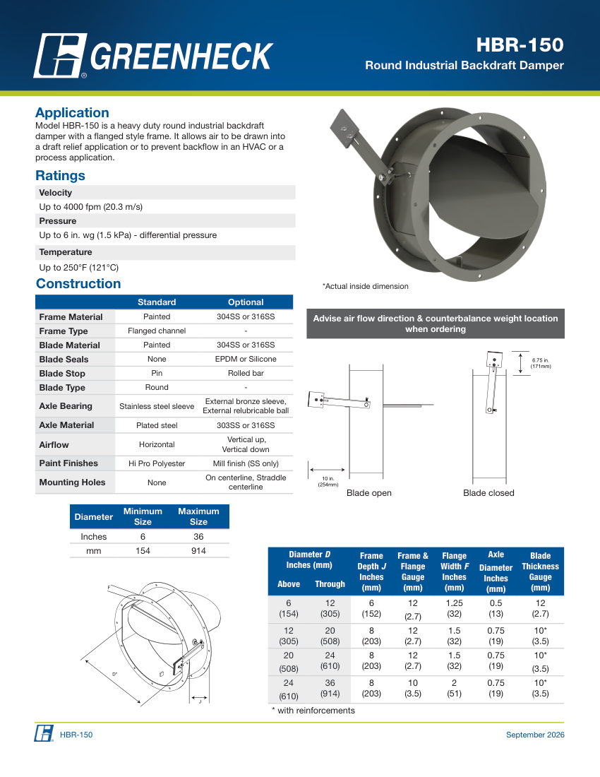 Greenheck hbr-150 cut sheet — first page