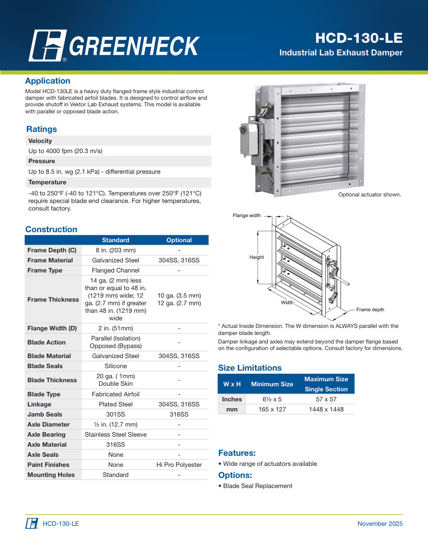 Greenheck hcd-130-le cut sheet — first page