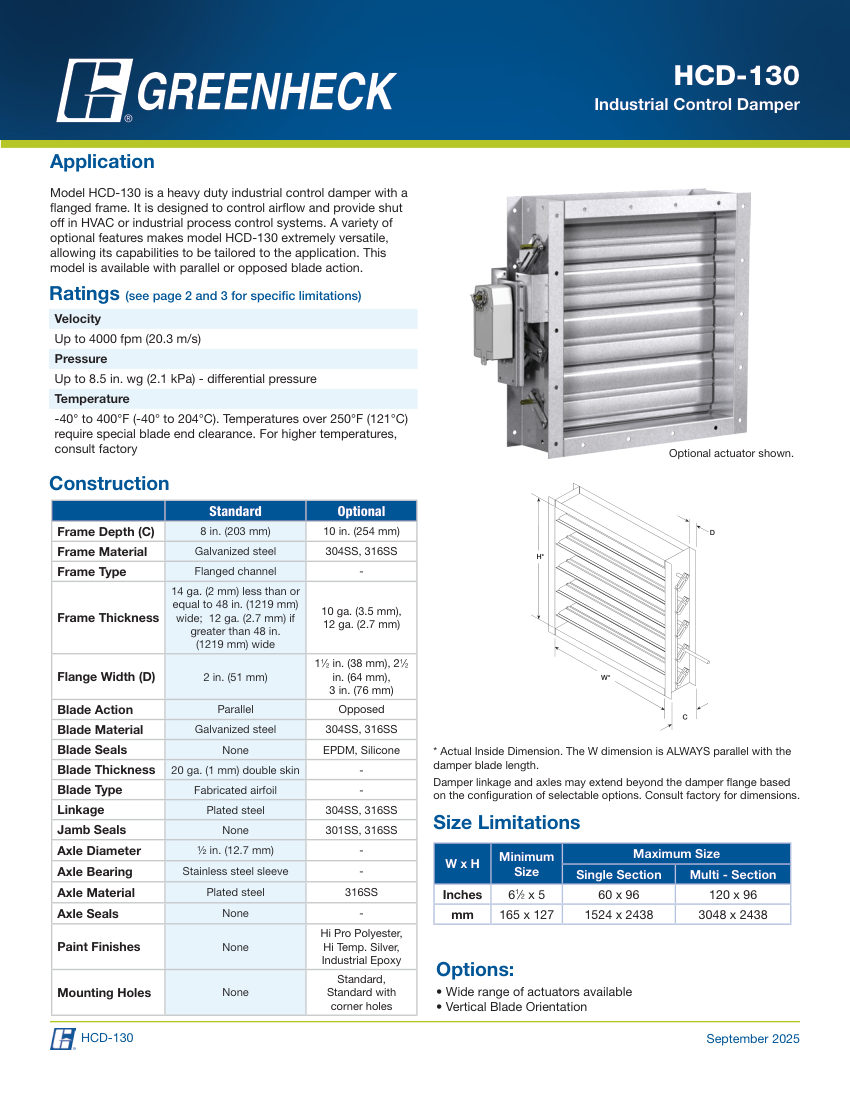 Greenheck hcd-130 cut sheet — first page
