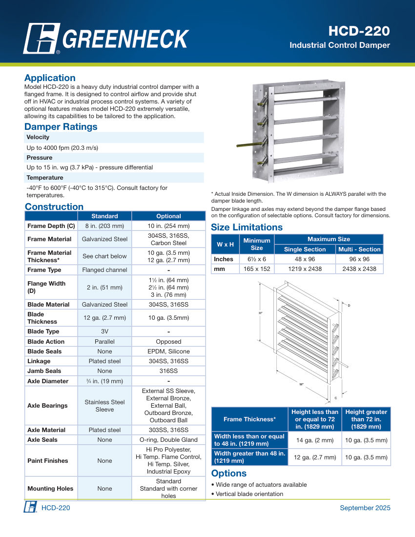 Greenheck hcd-220 cut sheet — first page