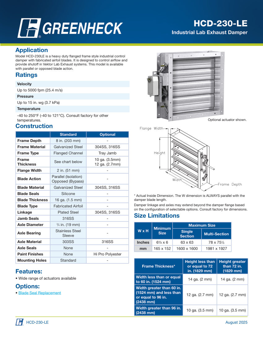Greenheck hcd-230-le cut sheet — first page