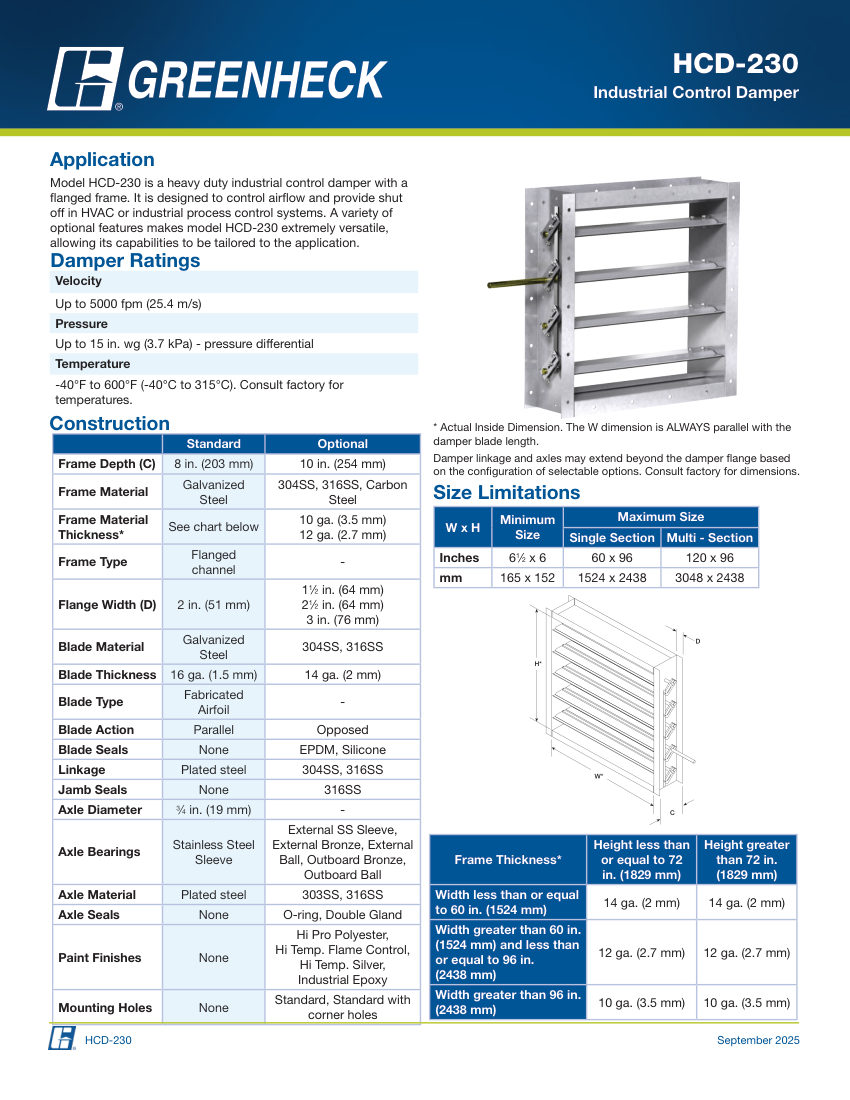 Greenheck hcd-230 cut sheet — first page